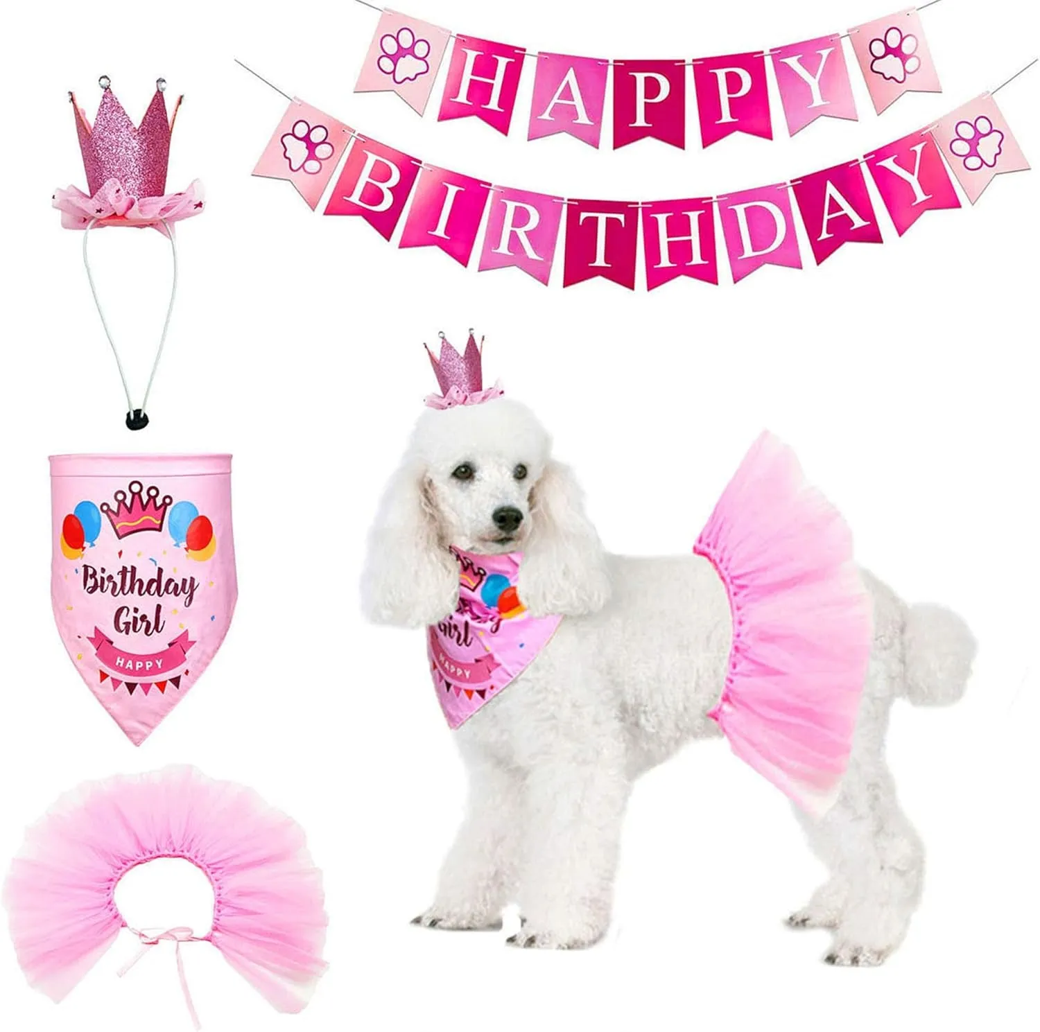 Dog Birthday Bandana Girl - Birthday Dog Party Supplies - Pink Tutu Skirt Crown Hat Scarf Happy Birthday Banner Dog Girl Birthday Outfit for Pet Girl (Pink, Large)