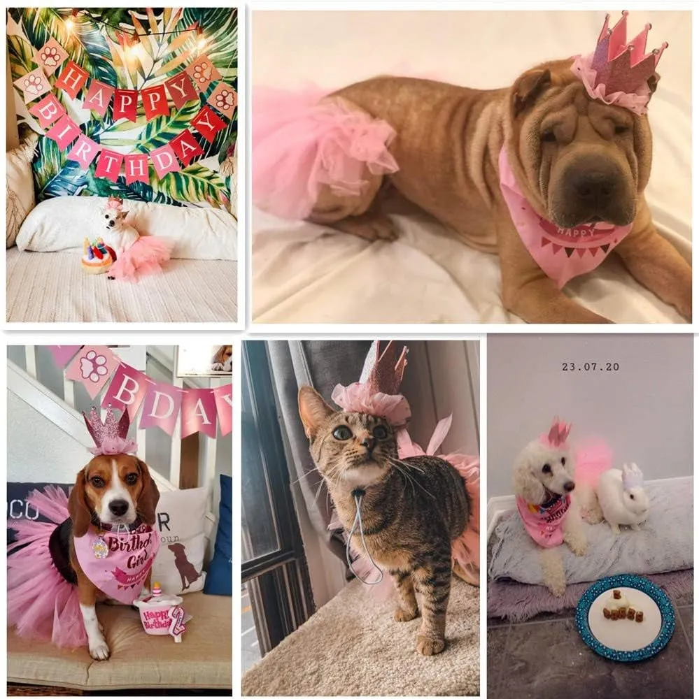 Dog Birthday Bandana Girl - Birthday Dog Party Supplies - Pink Tutu Skirt Crown Hat Scarf Happy Birthday Banner Dog Girl Birthday Outfit for Pet Girl (Pink, Large)