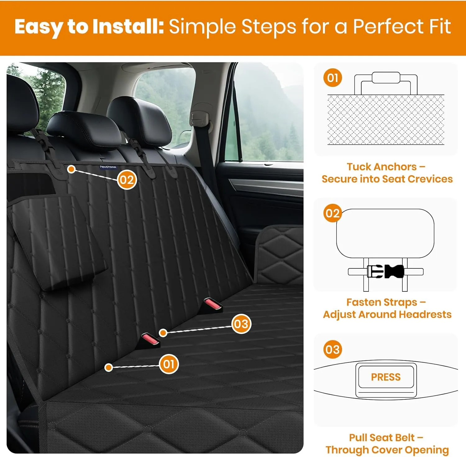 Dog Car Seat Cover for Back Seat 100% Waterproof, Long-Lasting and Soft Nonslip Backseat Dog Cover for Cars, SUVs and Trucks (Black, Standard (54" W x 59" L))