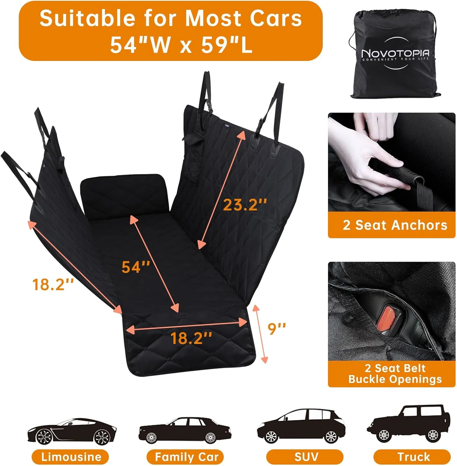 Dog Car Seat Cover for Back Seat 100% Waterproof, Long-Lasting and Soft Nonslip Backseat Dog Cover for Cars, SUVs and Trucks (Black, Standard (54" W x 59" L))