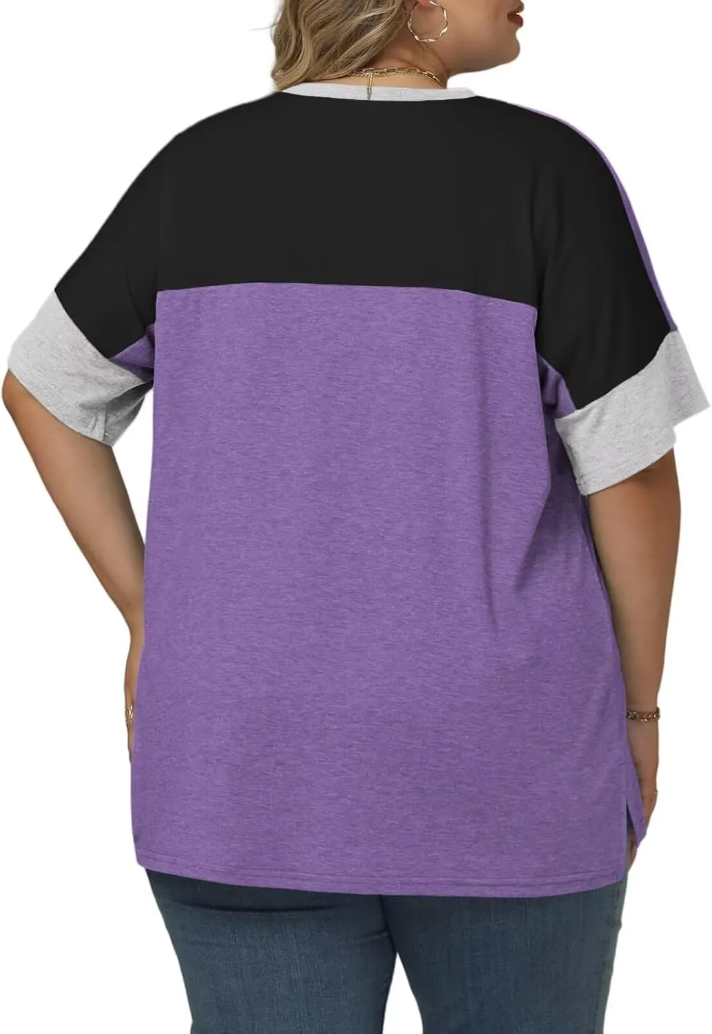 DOLNINE Plus-Size-Tops for Women Summer Color Block Shirts Casual Crewneck Tees Trendy Going Out Side Split Tunics XL-5XL