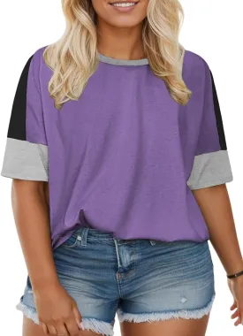 DOLNINE Plus-Size-Tops for Women Summer Color Block Shirts Casual Crewneck Tees Trendy Going Out Side Split Tunics XL-5XL