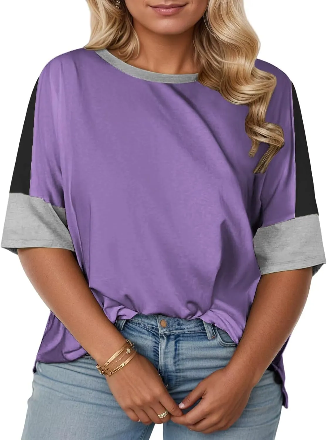 DOLNINE Plus-Size-Tops for Women Summer Color Block Shirts Casual Crewneck Tees Trendy Going Out Side Split Tunics XL-5XL