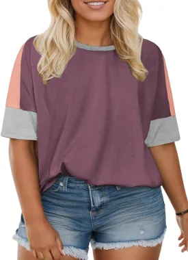 DOLNINE Plus-Size-Tops for Women Summer Color Block Shirts Casual Crewneck Tees Trendy Going Out Side Split Tunics XL-5XL