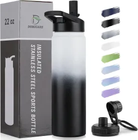 DOMICARE Insulated Water Bottle, 22 oz Vacuum Insulated Stainless Steel Reusable Sports Bottle with Straw Lid & Spout Lid for Travel, Camping, Bike, Leakproof, Black/White, 1 Pack
