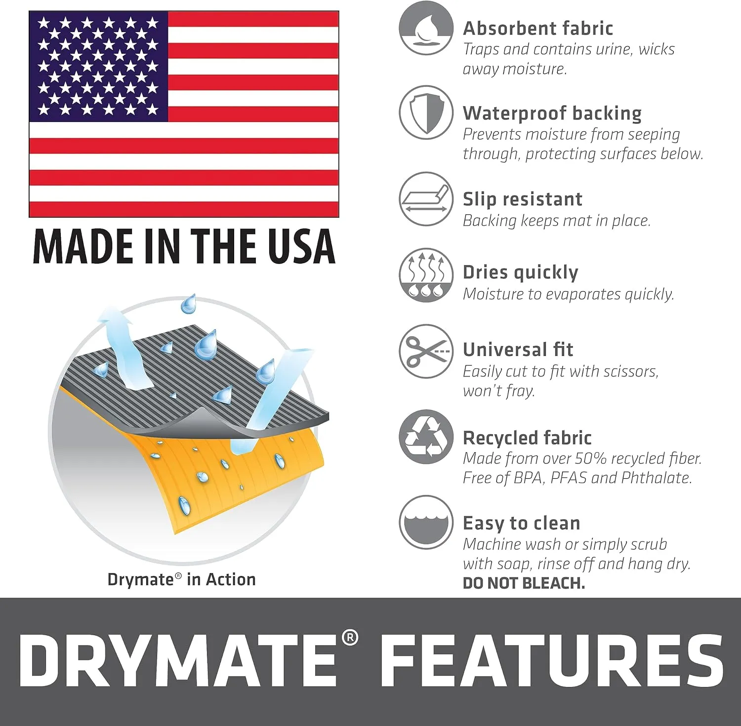 Drymate Premium Dog Crate Mat Liner, Absorbent, Waterproof, Non-Slip, Washable Puppy Pee Pad for Kennel Training - Use Under Pet Cage to Protect Floors, Cut to Fit Design (USA Made) (Dgrey)(30x45)