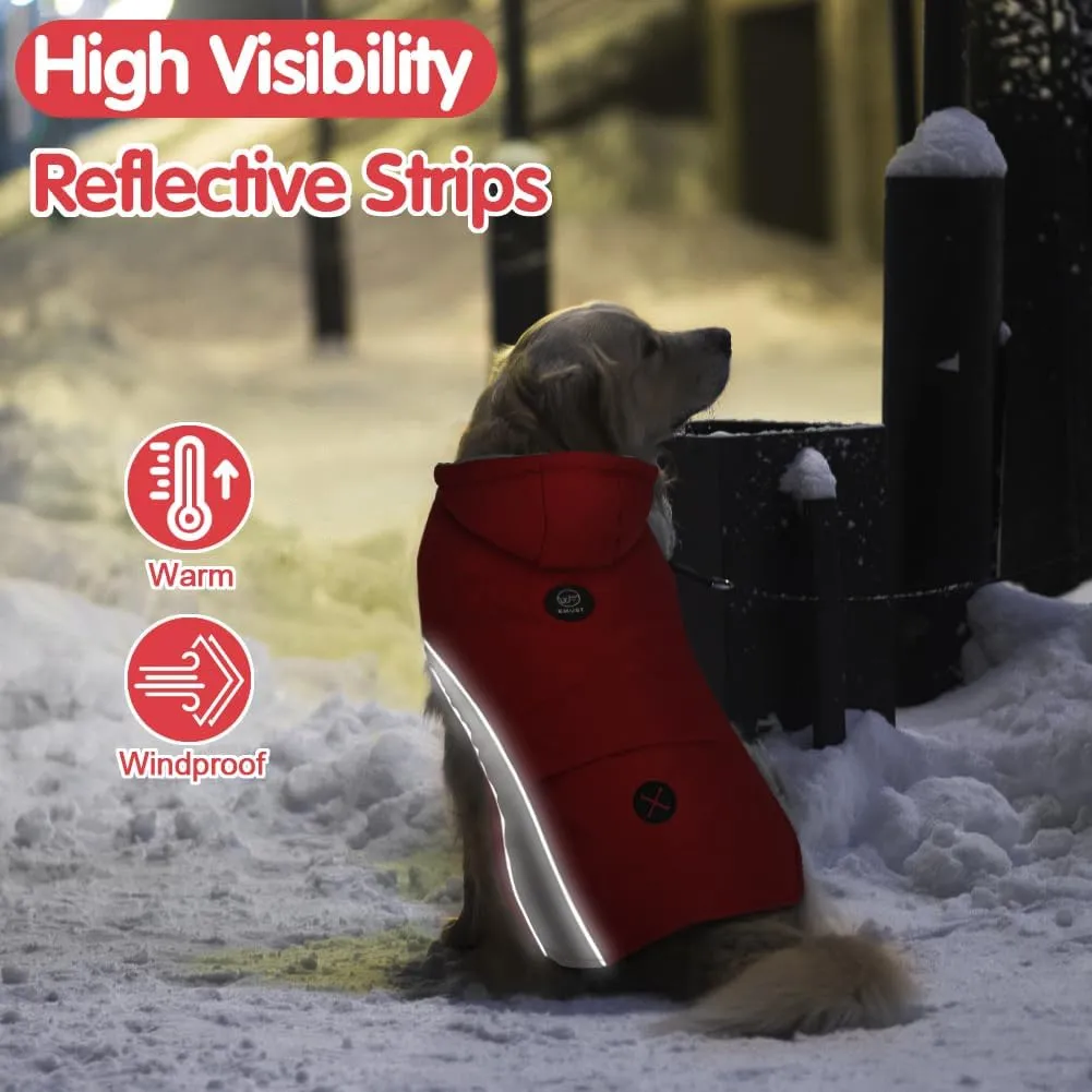 EMUST Dog Cold Weather Coat, Hooded Winter Jacket for Dogs, Medium Dog Coats for Winter with Pocket, Dog Jackets for Puppy Medium Dogs, M/Red