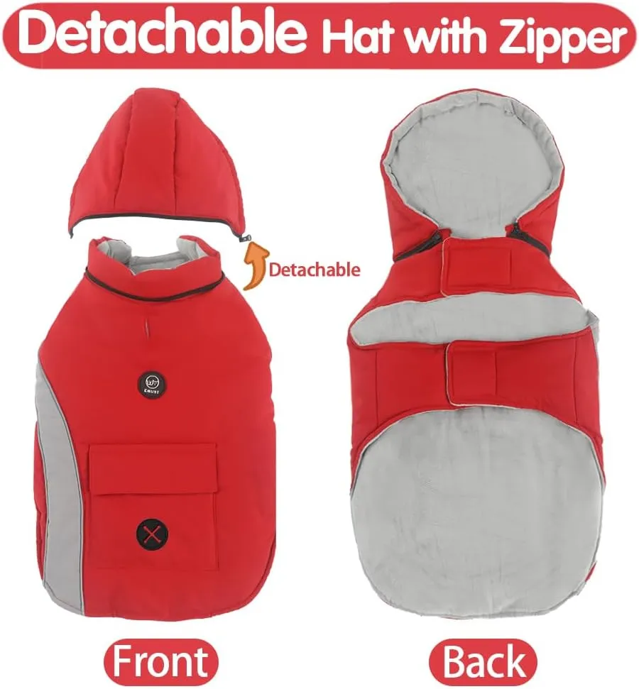 EMUST Dog Cold Weather Coat, Hooded Winter Jacket for Dogs, Medium Dog Coats for Winter with Pocket, Dog Jackets for Puppy Medium Dogs, M/Red