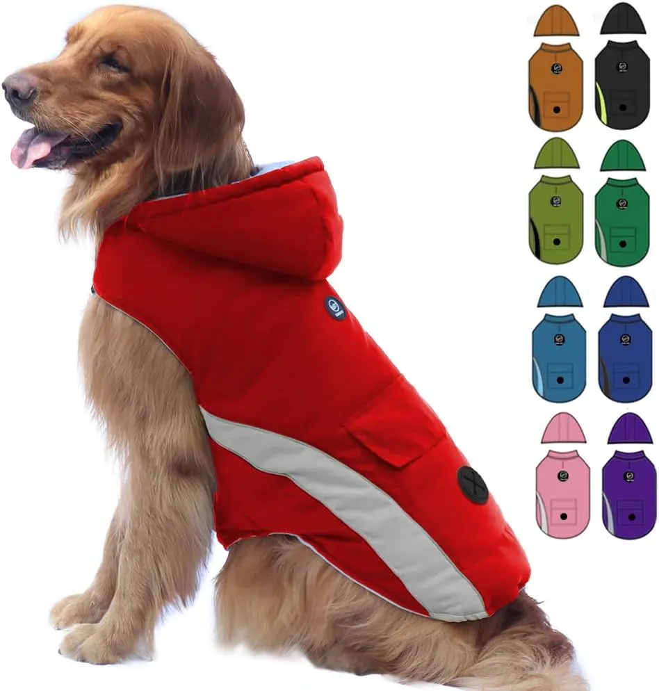 EMUST Dog Cold Weather Coat, Hooded Winter Jacket for Dogs, Medium Dog Coats for Winter with Pocket, Dog Jackets for Puppy Medium Dogs, M/Red