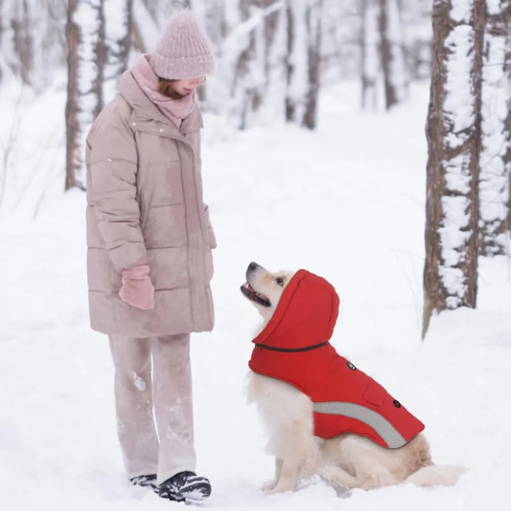 EMUST Dog Cold Weather Coat, Hooded Winter Jacket for Dogs, Medium Dog Coats for Winter with Pocket, Dog Jackets for Puppy Medium Dogs, M/Red