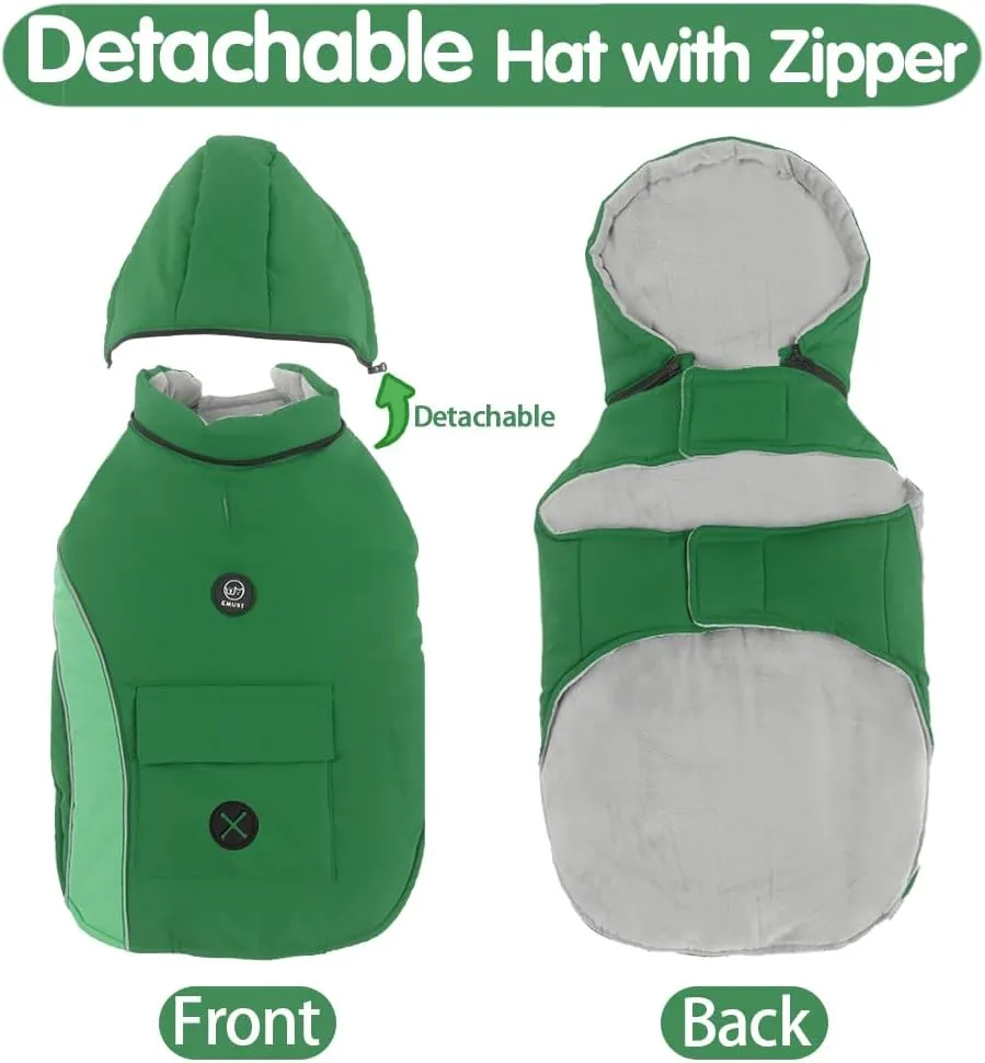 EMUST Dog Winter Coats with Hood, Windproof Jackets for Small Dogs, Puppy Apparel for Cold Weather, S/Green
