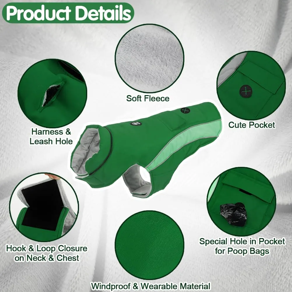 EMUST Dog Winter Coats with Hood, Windproof Jackets for Small Dogs, Puppy Apparel for Cold Weather, S/Green