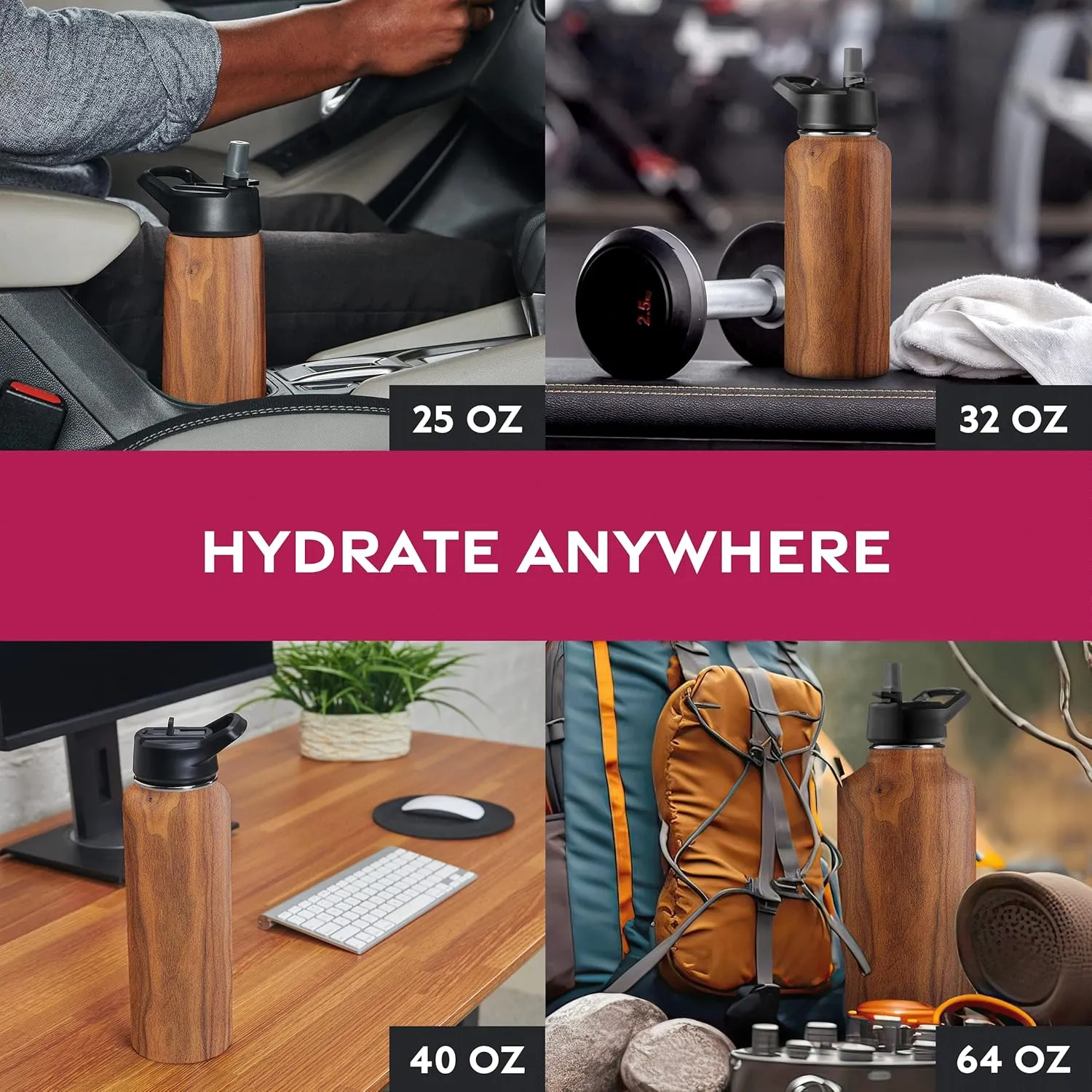 FineDine Triple Walled, Insulated Water Bottles with Straw - 25 Oz Stainless Steel Metal Bottle W/ 3 Leak Proof Lids - For Travel, School, Sports, Gym/Men, Women & Kids - Rustic Grained Sienna