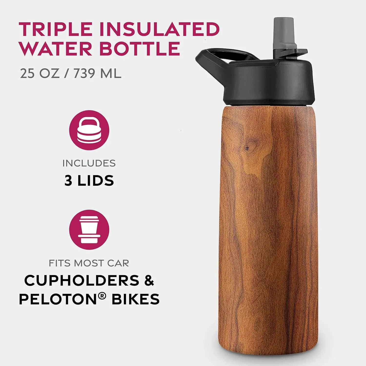 FineDine Triple Walled, Insulated Water Bottles with Straw - 25 Oz Stainless Steel Metal Bottle W/ 3 Leak Proof Lids - For Travel, School, Sports, Gym/Men, Women & Kids - Rustic Grained Sienna