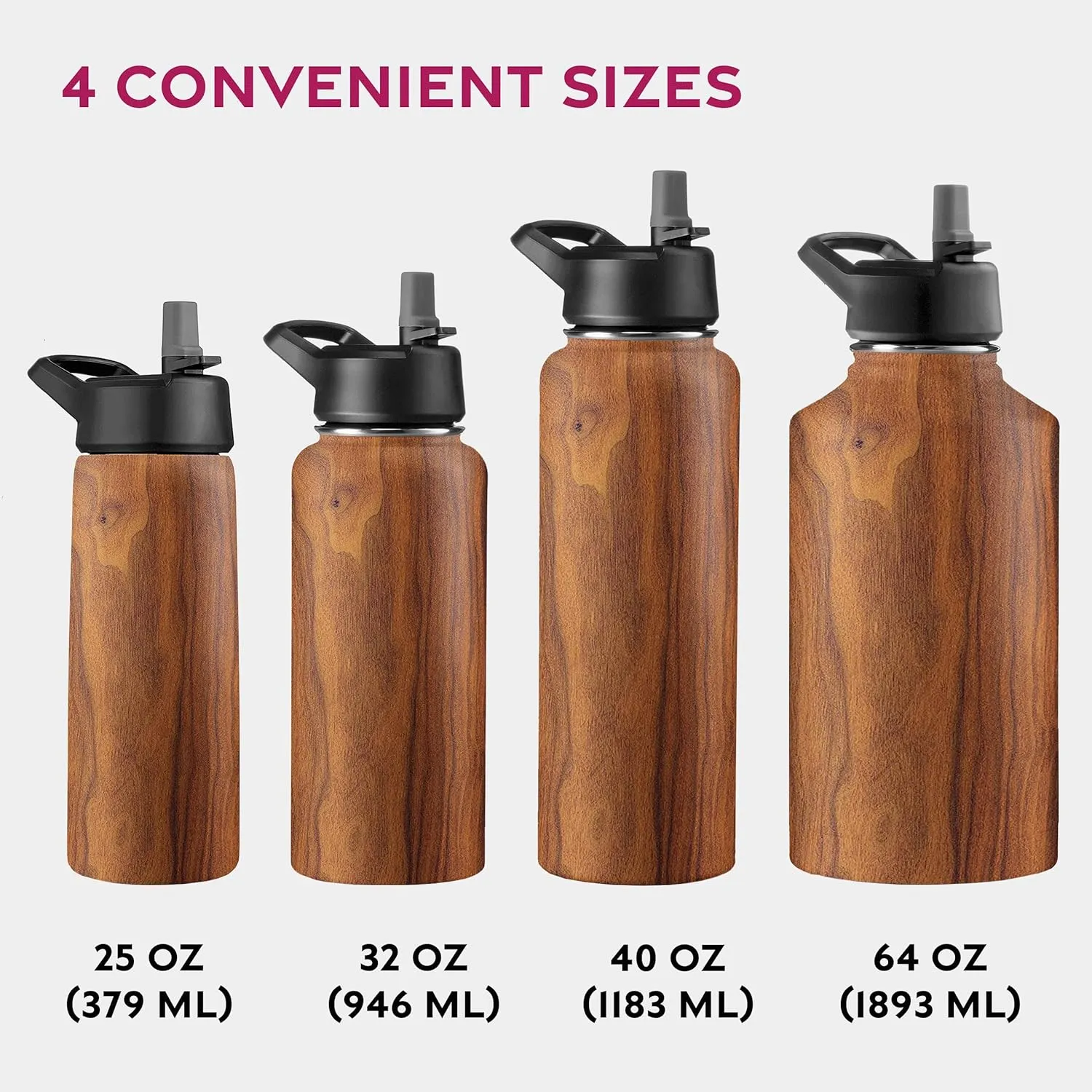 FineDine Triple Walled, Insulated Water Bottles with Straw - 25 Oz Stainless Steel Metal Bottle W/ 3 Leak Proof Lids - For Travel, School, Sports, Gym/Men, Women & Kids - Rustic Grained Sienna