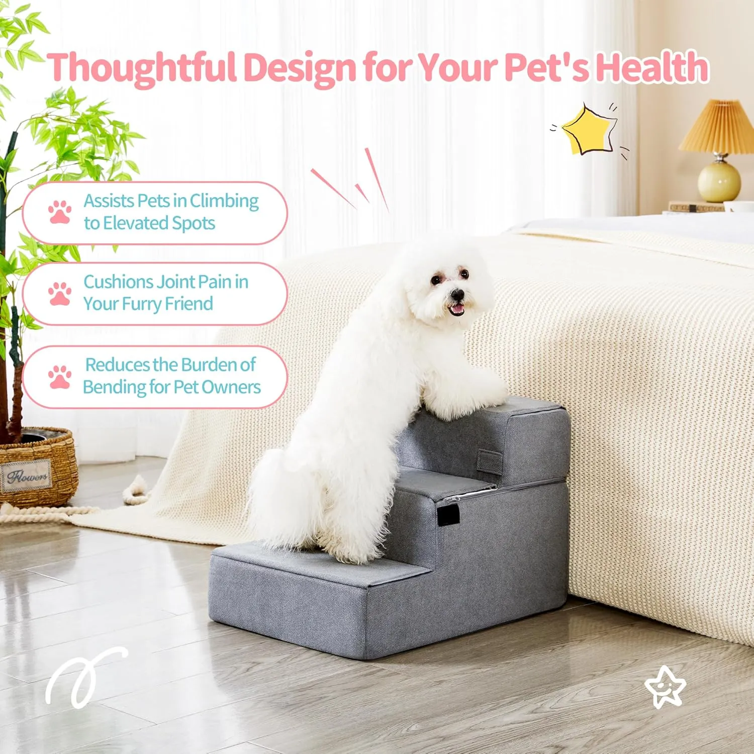 Foldable Dog Stairs for Small Dogs with Washable Cover