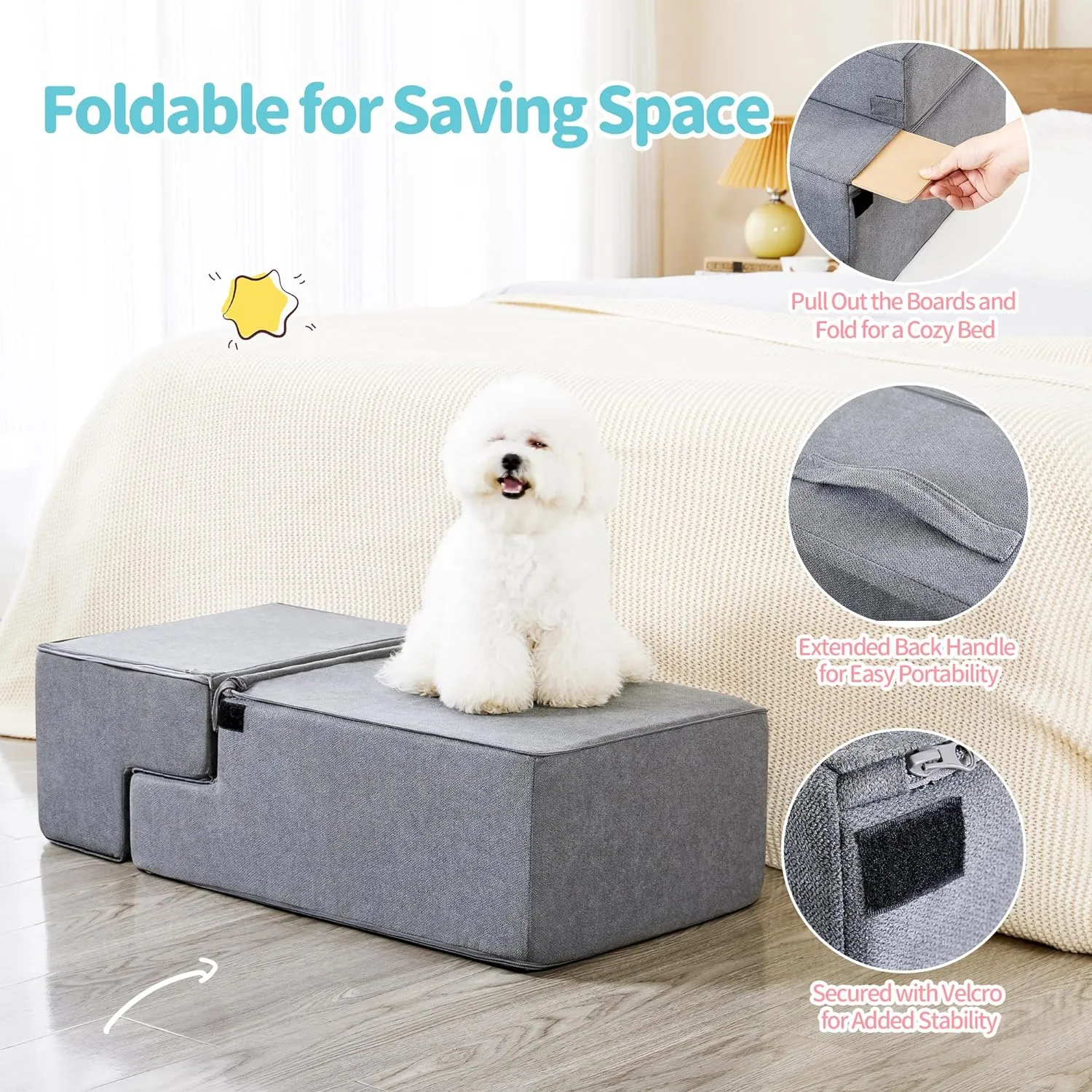 Foldable Dog Stairs for Small Dogs with Washable Cover