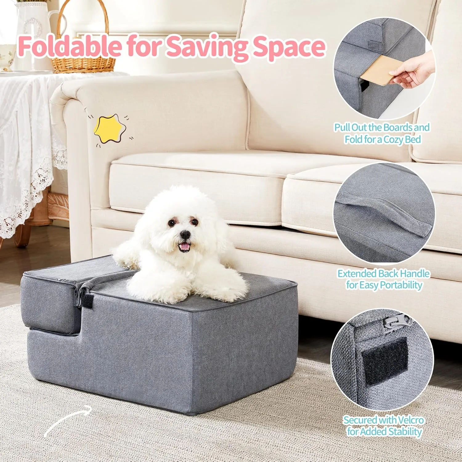 Foldable Dog Stairs for Small Dogs with Washable Cover