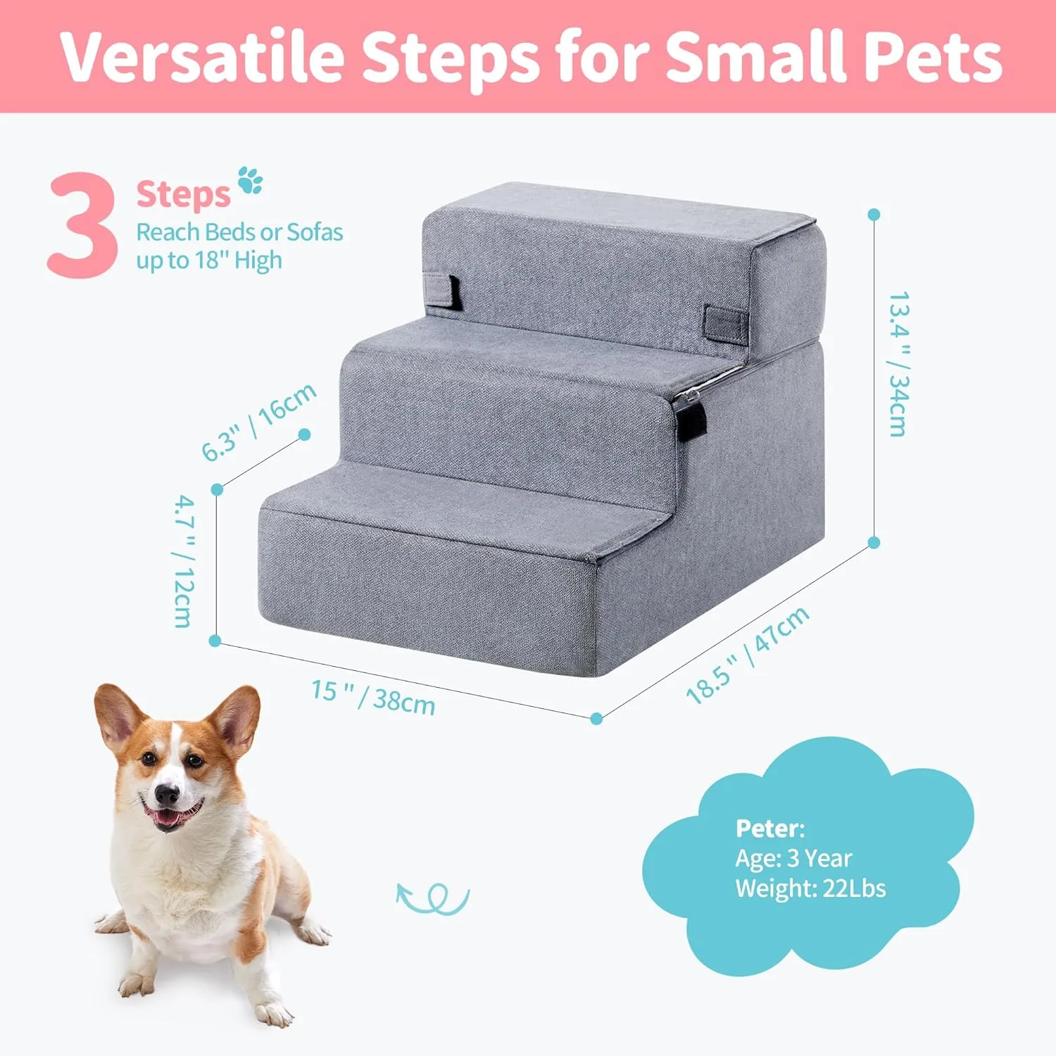 Foldable Dog Stairs for Small Dogs with Washable Cover