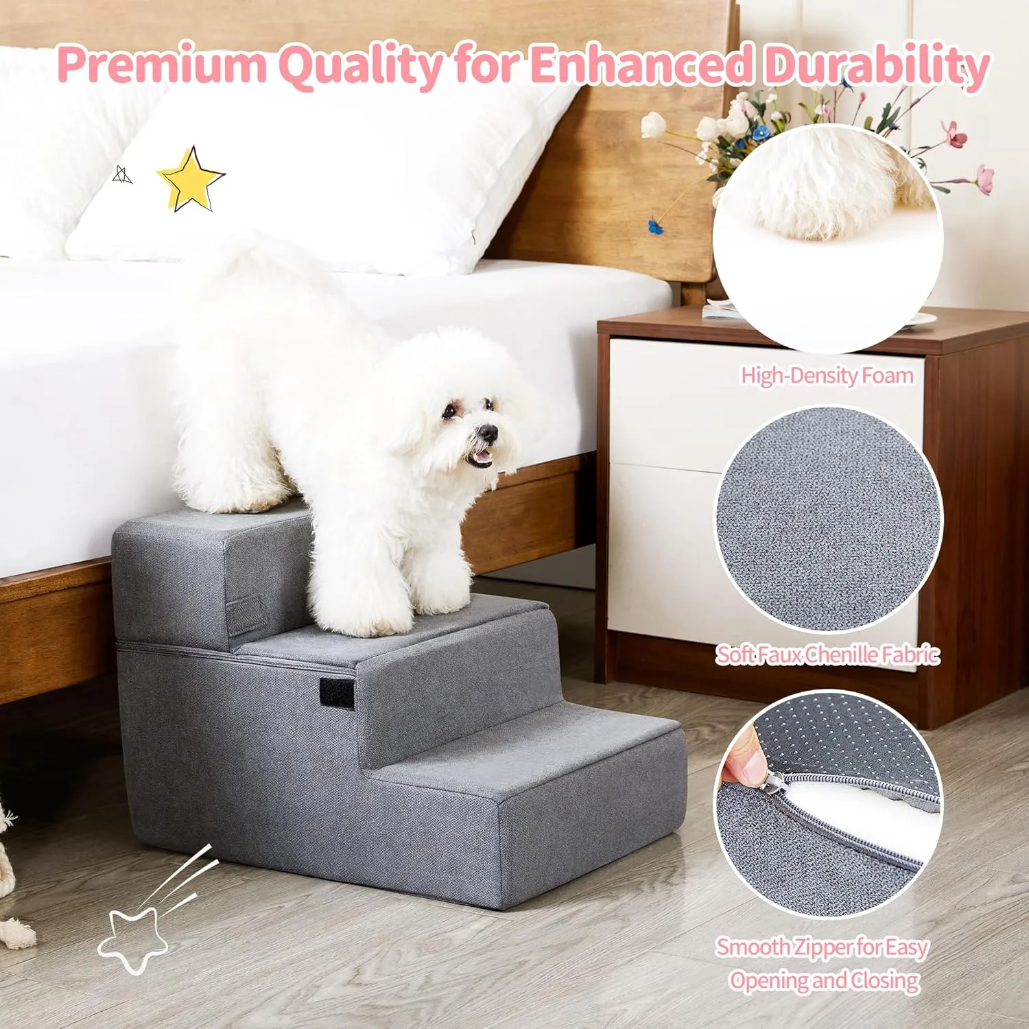 Foldable Dog Stairs for Small Dogs with Washable Cover