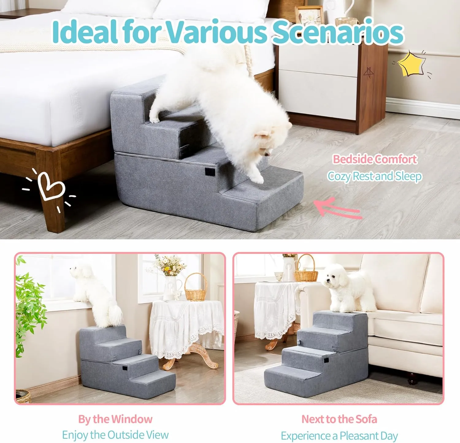 Foldable Dog Stairs for Small Dogs with Washable Cover