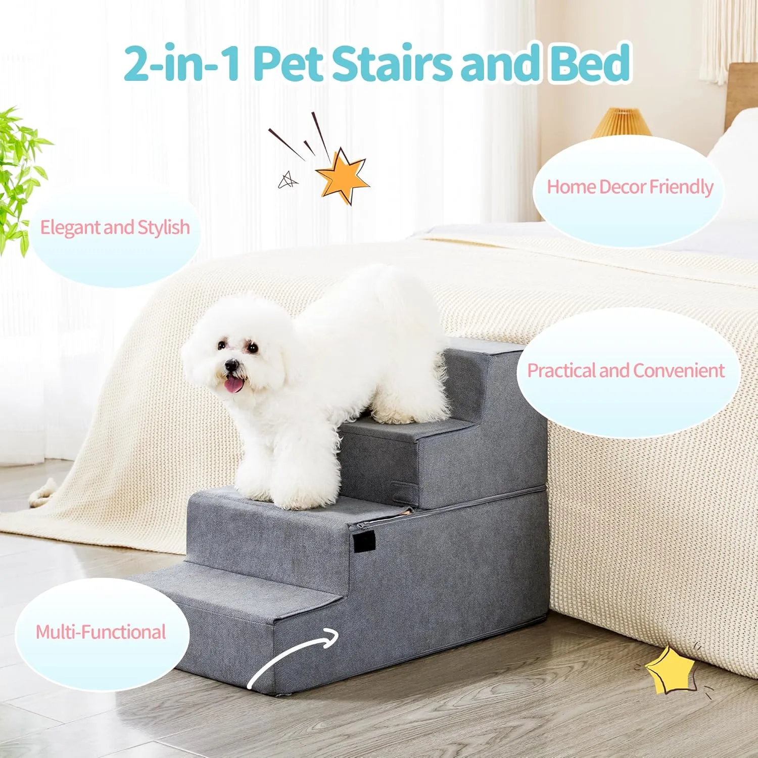 Foldable Dog Stairs for Small Dogs with Washable Cover