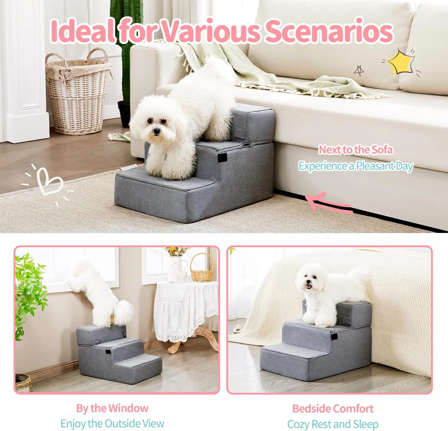 Foldable Dog Stairs for Small Dogs with Washable Cover
