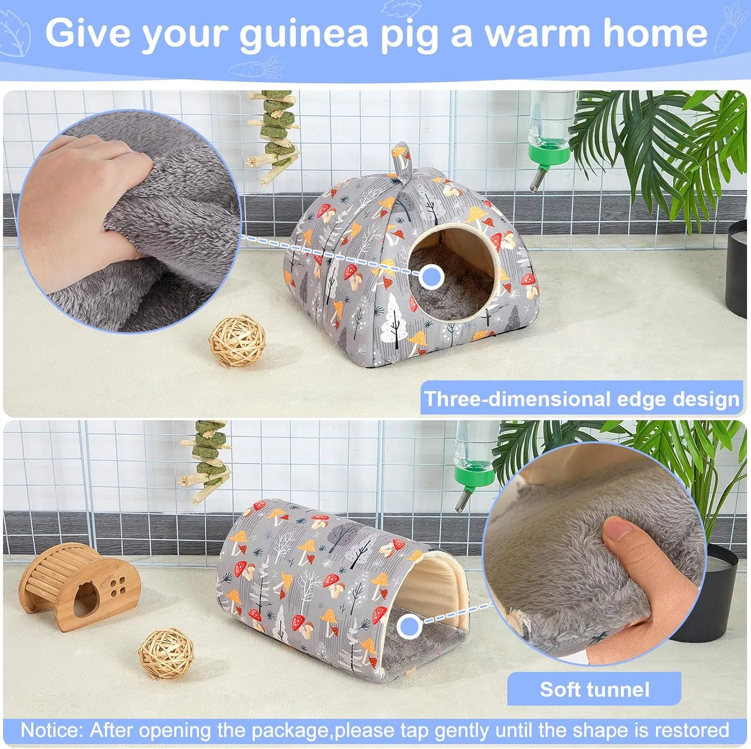 Guinea Pig Hideout, Glittme Soft Guinea Pig Bed and Tunnel, 2 Pack Washable Guinea Pig Tunnel with House Guinea Pig Accessories for Hamster, Rabbit, Bunny, Small Animal