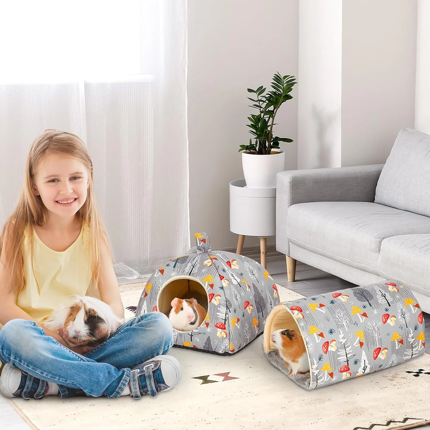 Guinea Pig Hideout, Glittme Soft Guinea Pig Bed and Tunnel, 2 Pack Washable Guinea Pig Tunnel with House Guinea Pig Accessories for Hamster, Rabbit, Bunny, Small Animal