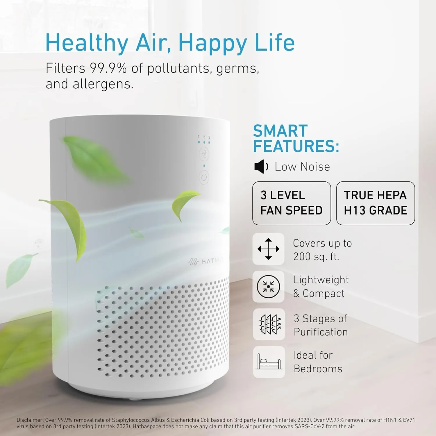 HATHASPACE HSE200 Smart True HEPA Air Purifier for Home, Small Air Cleaner with Activated Carbon Filter, Removes 99.9% of Dust, Smoke, Pet Dander, Odors, VOCs, Covers Up to 200 Sq. Ft, White