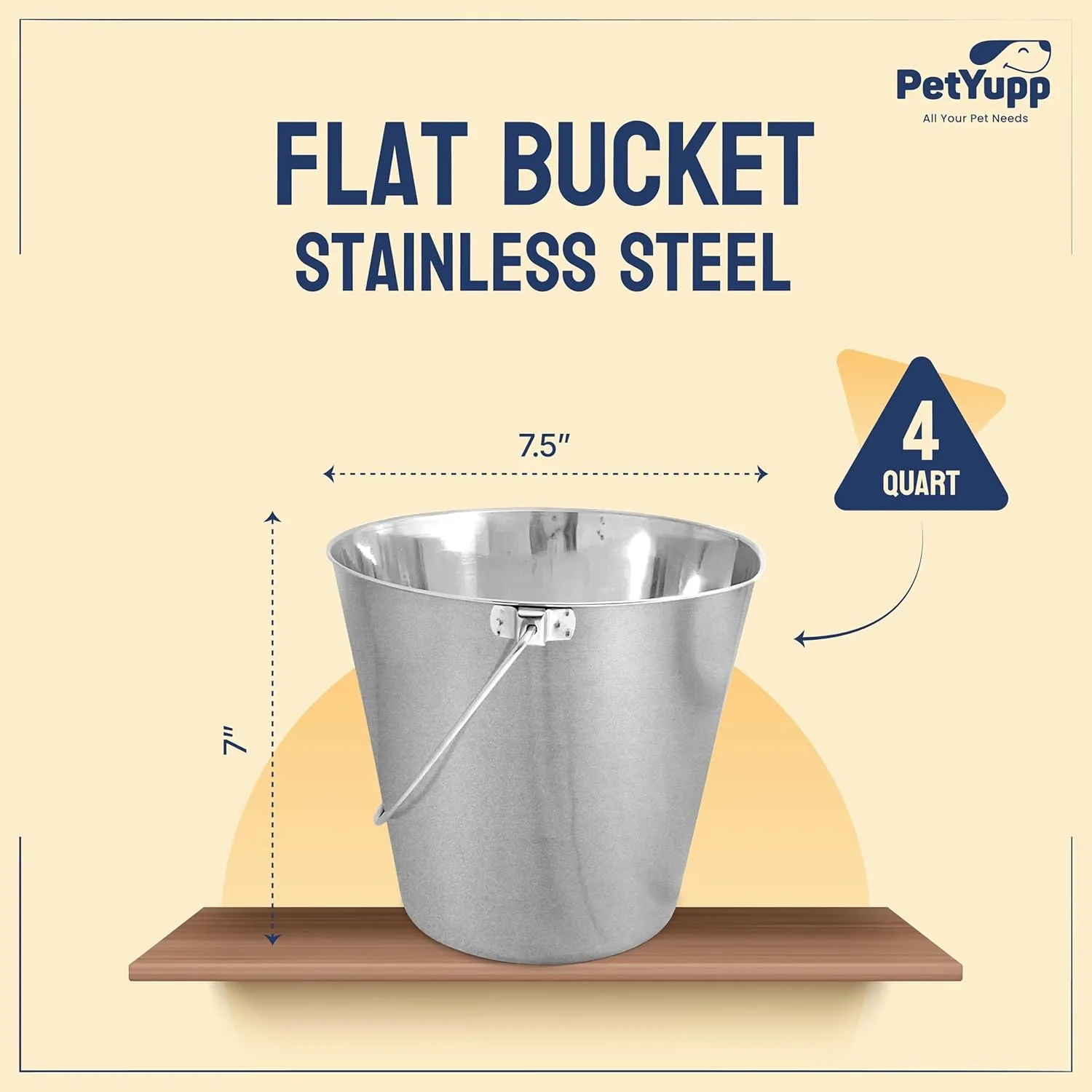 Heavy Duty Stainless Steel Bucket for Dogs - 4 Quart - Durable Flat-Sided Metal Bucket for Feeding Watering & Cleaning- Perfect for Kennels, Cages, Critter Crates & Hanging on Fences