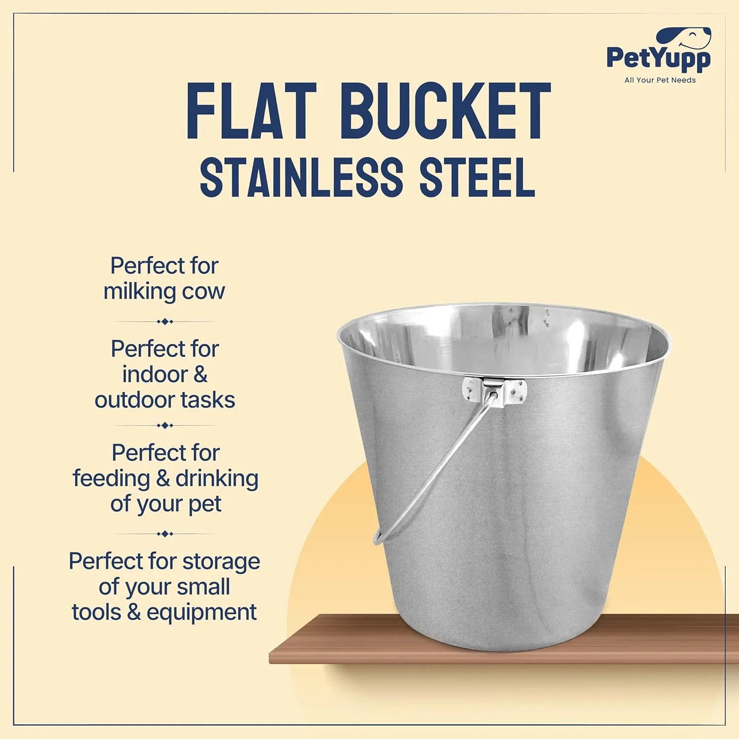 Heavy Duty Stainless Steel Bucket for Dogs - 4 Quart - Durable Flat-Sided Metal Bucket for Feeding Watering & Cleaning- Perfect for Kennels, Cages, Critter Crates & Hanging on Fences