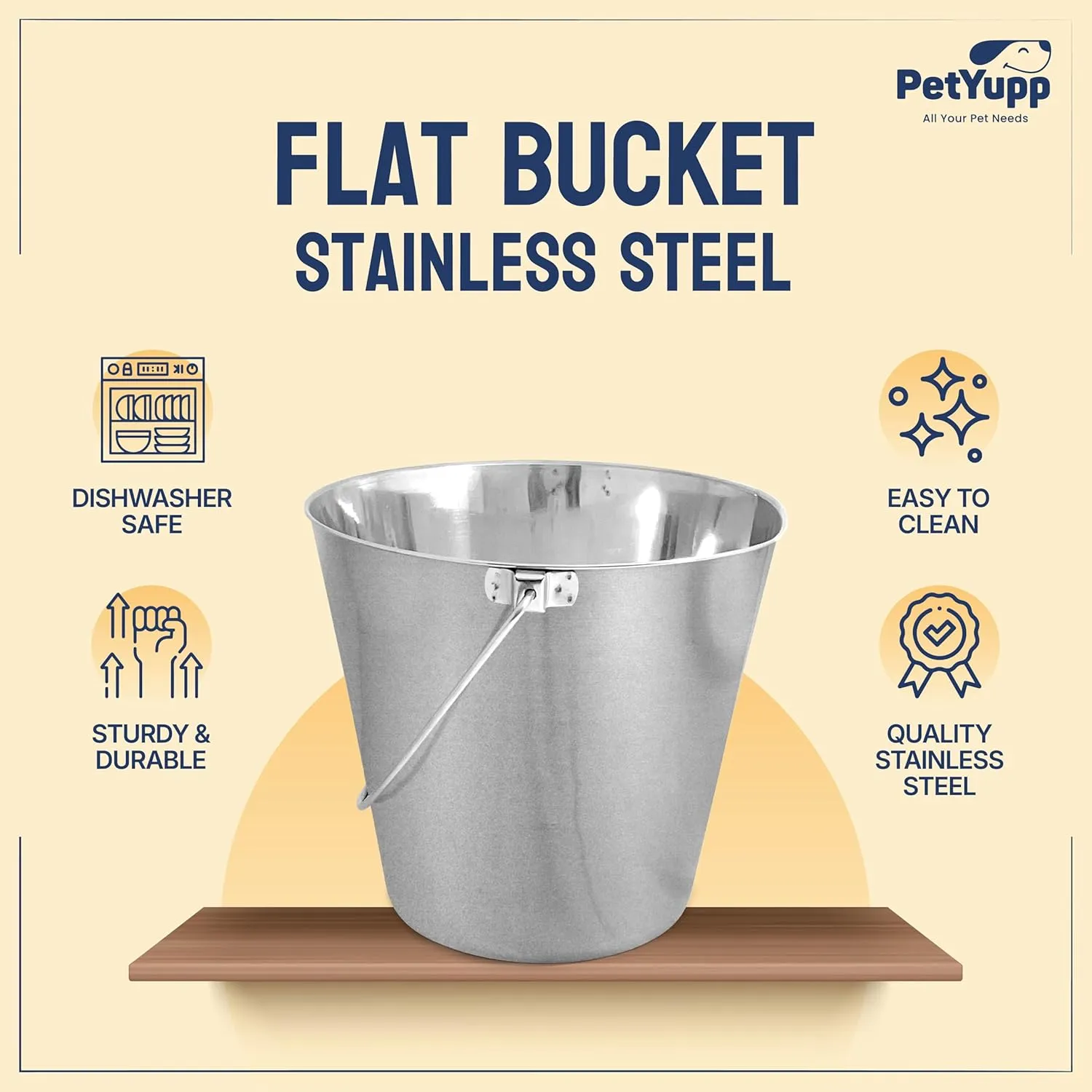 Heavy Duty Stainless Steel Bucket for Dogs - 4 Quart - Durable Flat-Sided Metal Bucket for Feeding Watering & Cleaning- Perfect for Kennels, Cages, Critter Crates & Hanging on Fences