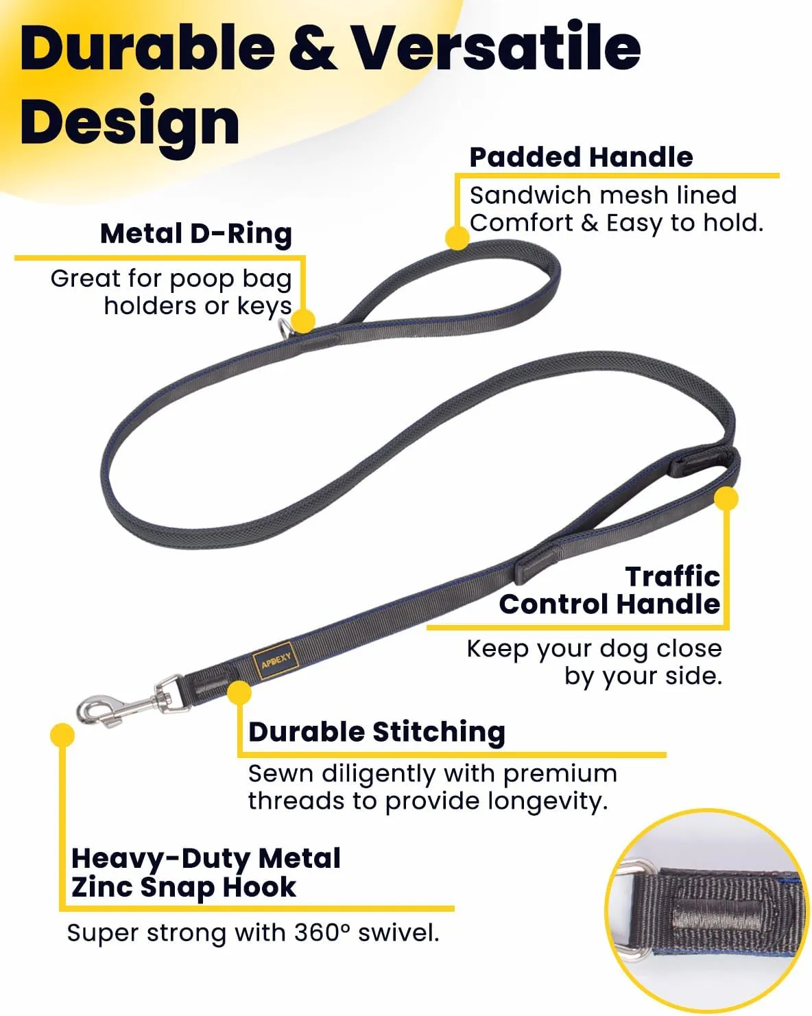 Heavy Duty Two Handle Dog Leash, Double Handles for Extral Control and Training, Dual Handles Leads, 6FT Long, Large Medium Small Dogs (Blue/Grey, 1'' X 6ft.)