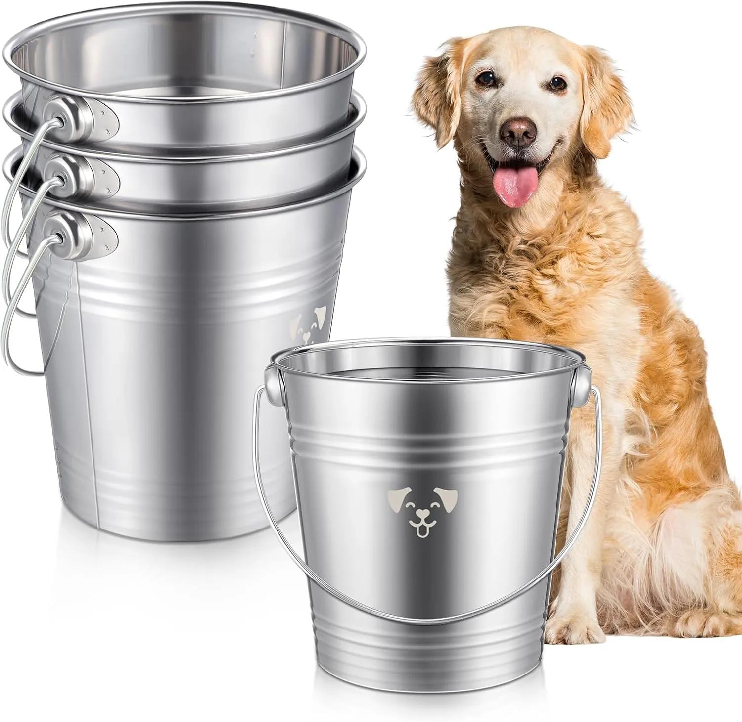 Hicarer 4 Pcs Stainless Steel Dog Water Bucket, Heavy Duty Stainless Steel Bucket Water Pails for Dogs Pets, Kennels Farms Fences(4 Quart,Silver)