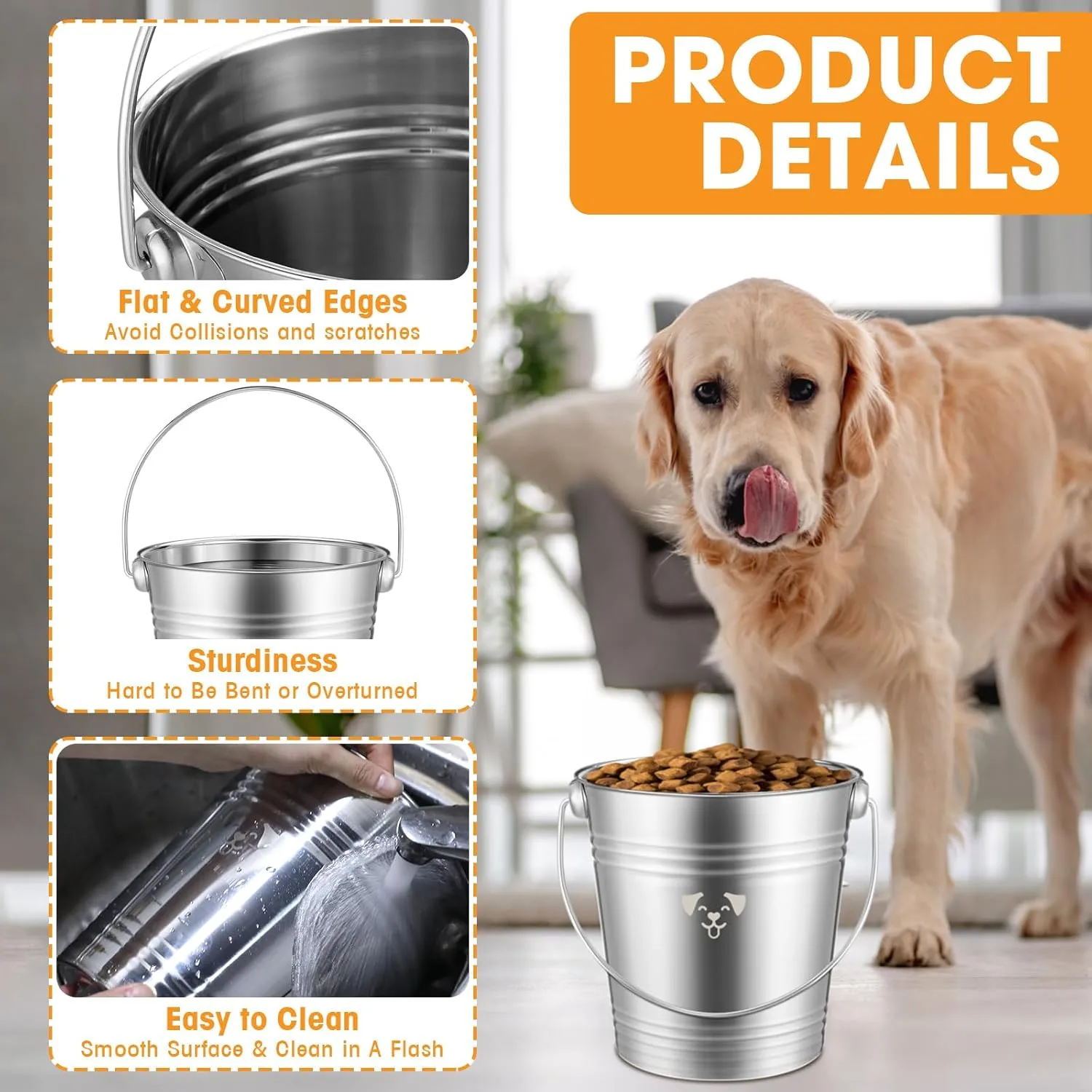 Hicarer 4 Pcs Stainless Steel Dog Water Bucket, Heavy Duty Stainless Steel Bucket Water Pails for Dogs Pets, Kennels Farms Fences(4 Quart,Silver)