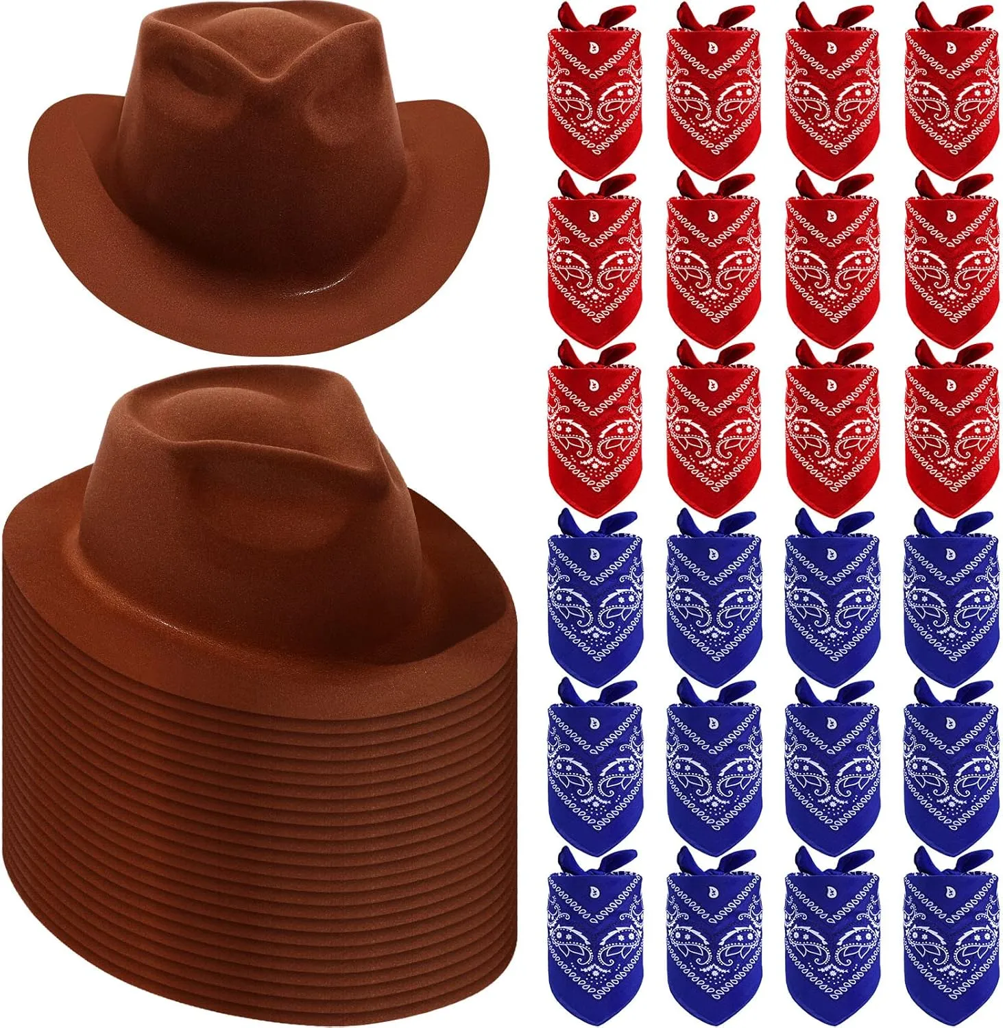 Hillban 48 Pack Cowboy Hat and Bandana Set, Cowgirl Hats for Boys Girls Felt Cowboy Party Hat Western Bandanas for Party