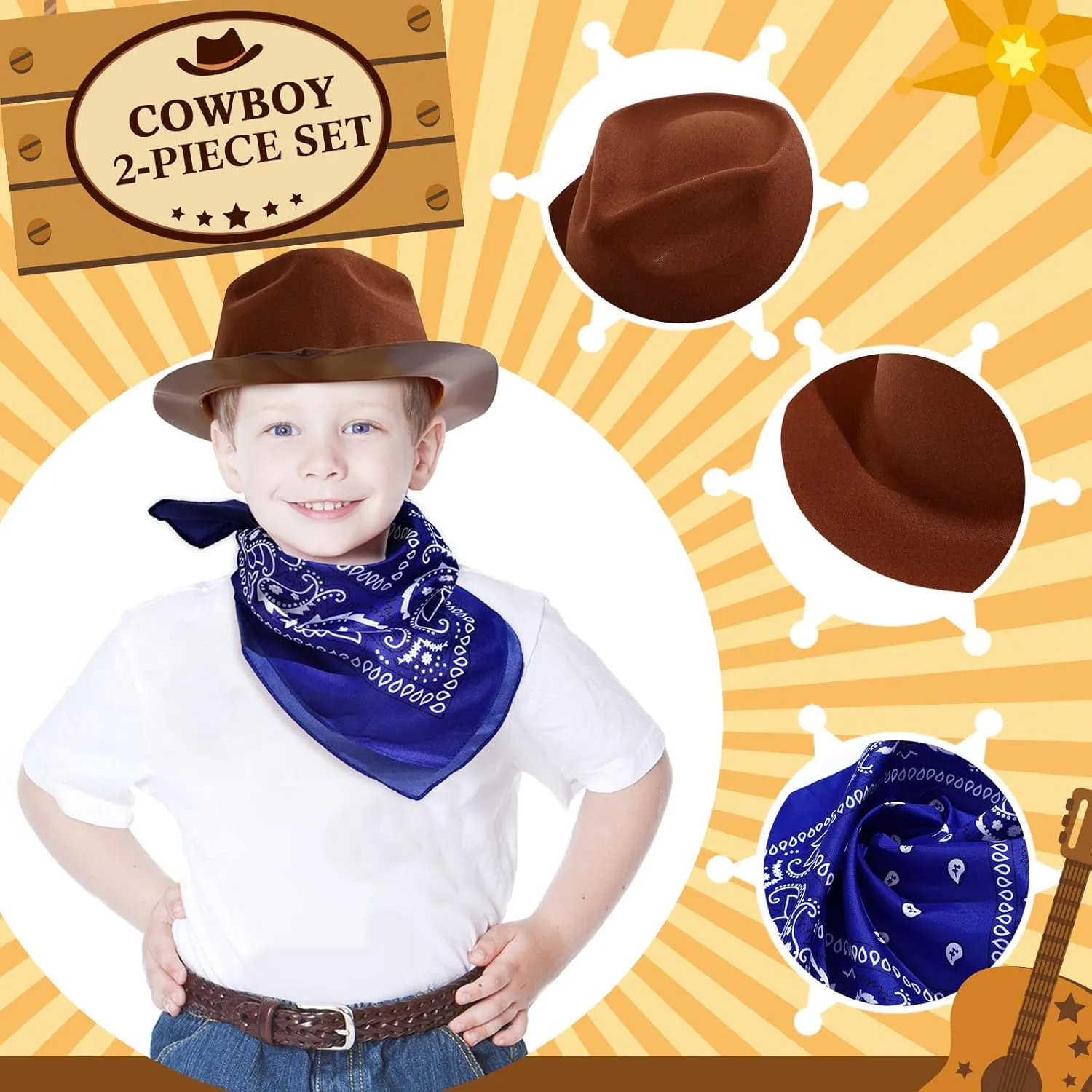 Hillban 48 Pack Cowboy Hat and Bandana Set, Cowgirl Hats for Boys Girls Felt Cowboy Party Hat Western Bandanas for Party