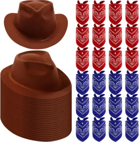 Hillban 48 Pack Cowboy Hat and Bandana Set, Cowgirl Hats for Boys Girls Felt Cowboy Party Hat Western Bandanas for Party