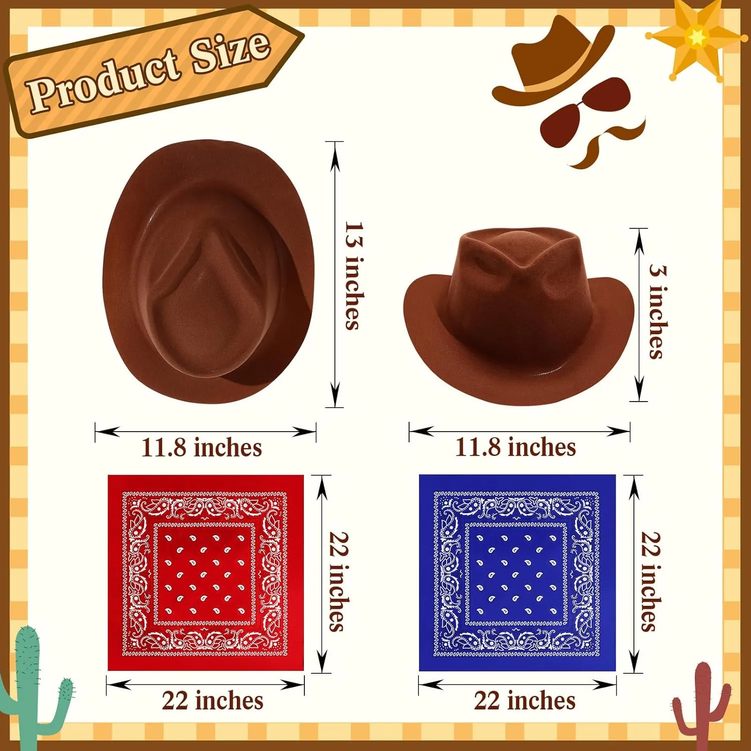 Hillban 48 Pack Cowboy Hat and Bandana Set, Cowgirl Hats for Boys Girls Felt Cowboy Party Hat Western Bandanas for Party