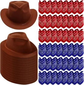 Hillban 96 Pcs Cowboy Hat and Bandana Set Include 48 Cowboy Hats 48 Bandana Bulk for Fancy Dress Party Cosplay Costume