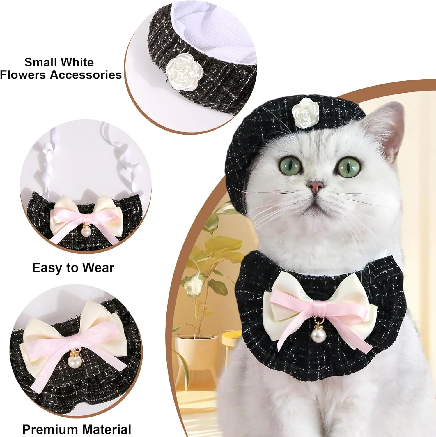 HOWWFALY 2PCS Cat Beret Hat with Small Camellia, Adjustable Satin Bowtie Bandana Scarf Set Pet Princess Costume for Halloween Christmas, Cat Dog Birthday Party Apparel(Black Bow)