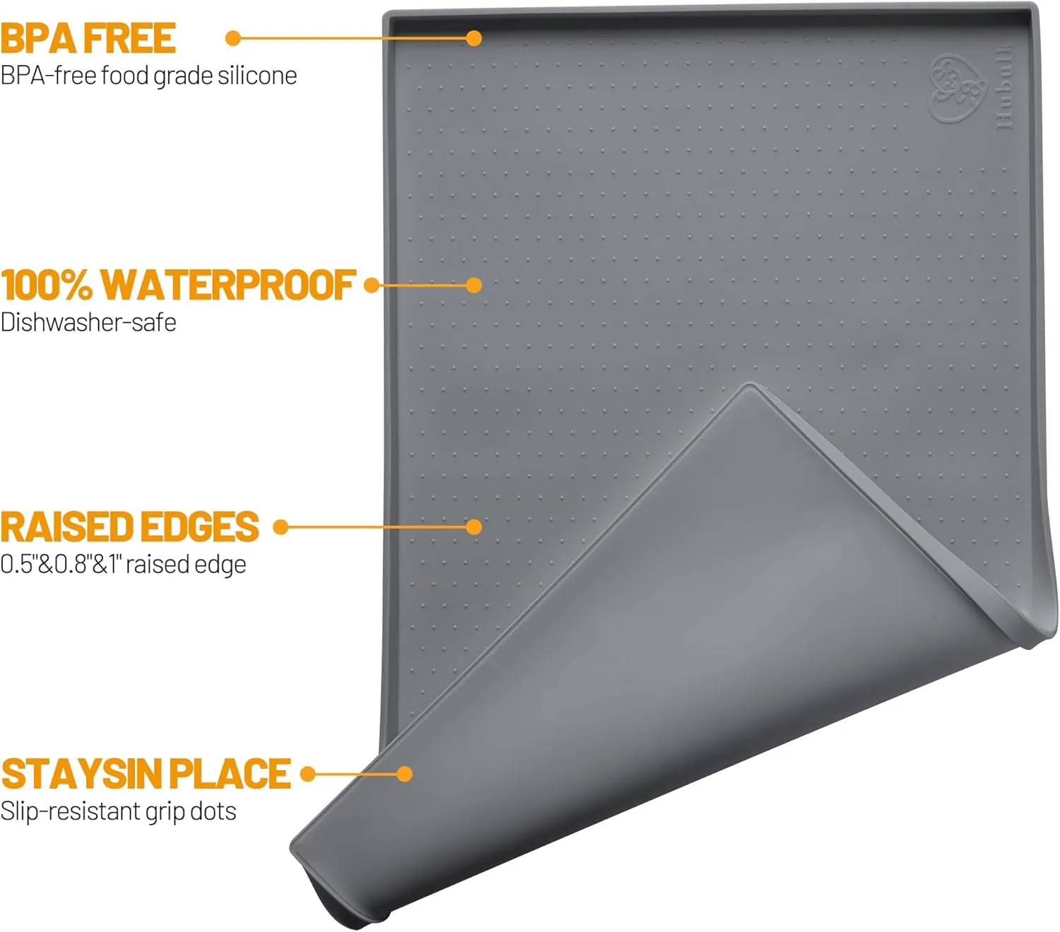 Hubulk Dog Feeding Mat,100% Waterproof Food Grade Silicone Pet Food and Water Bowl Placemat,Dishwasher, High Raised Edge to Prevent Spills,Nonslip Tray to Stop Messes on Floor (19"X12"X0.5", Grey)