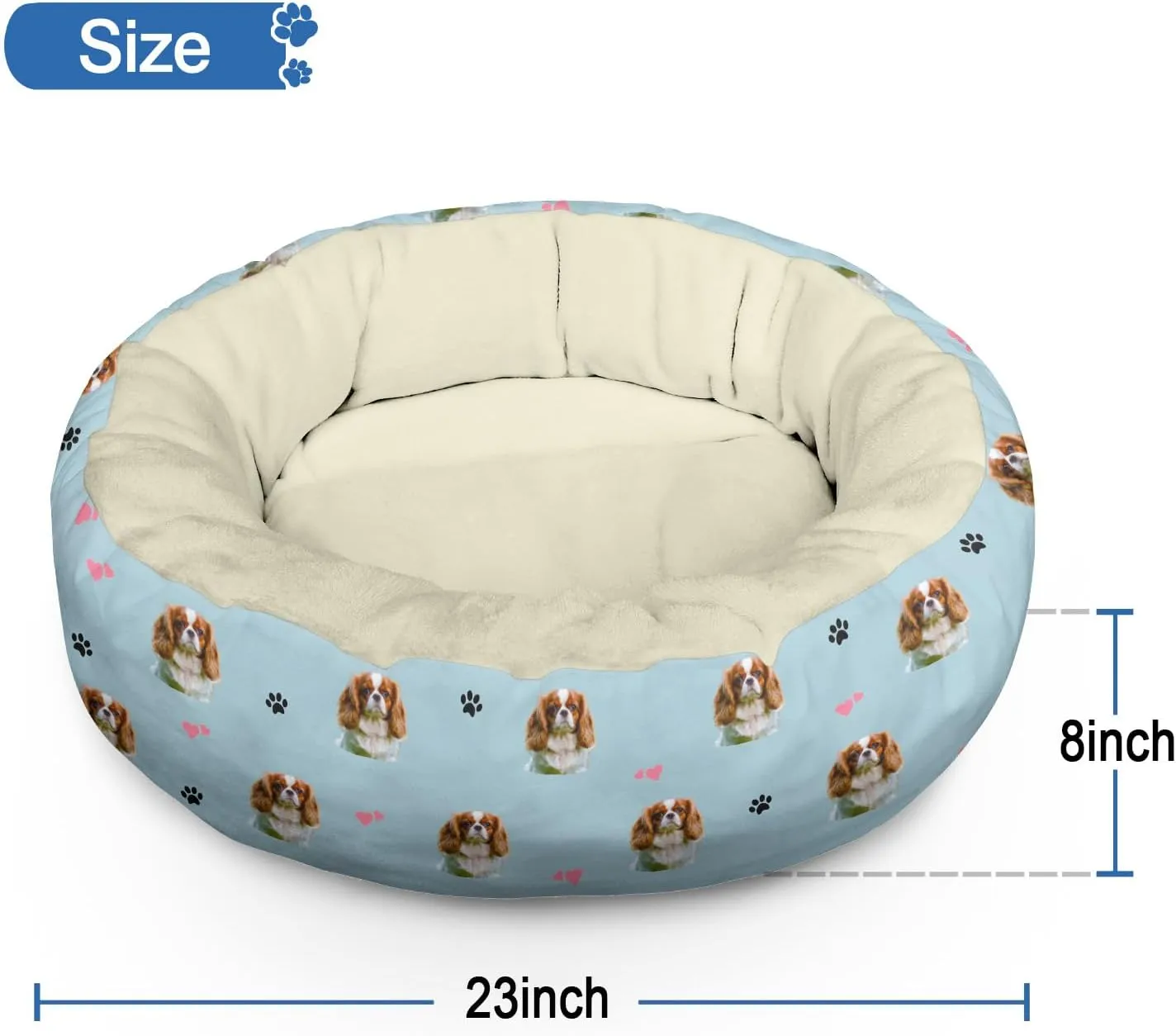 King Charles Cavalier Calming Round Bed Washable Dog Bed Donut Indoor (King Charles Cavalier, 30" L x 30" W x 8" Th)