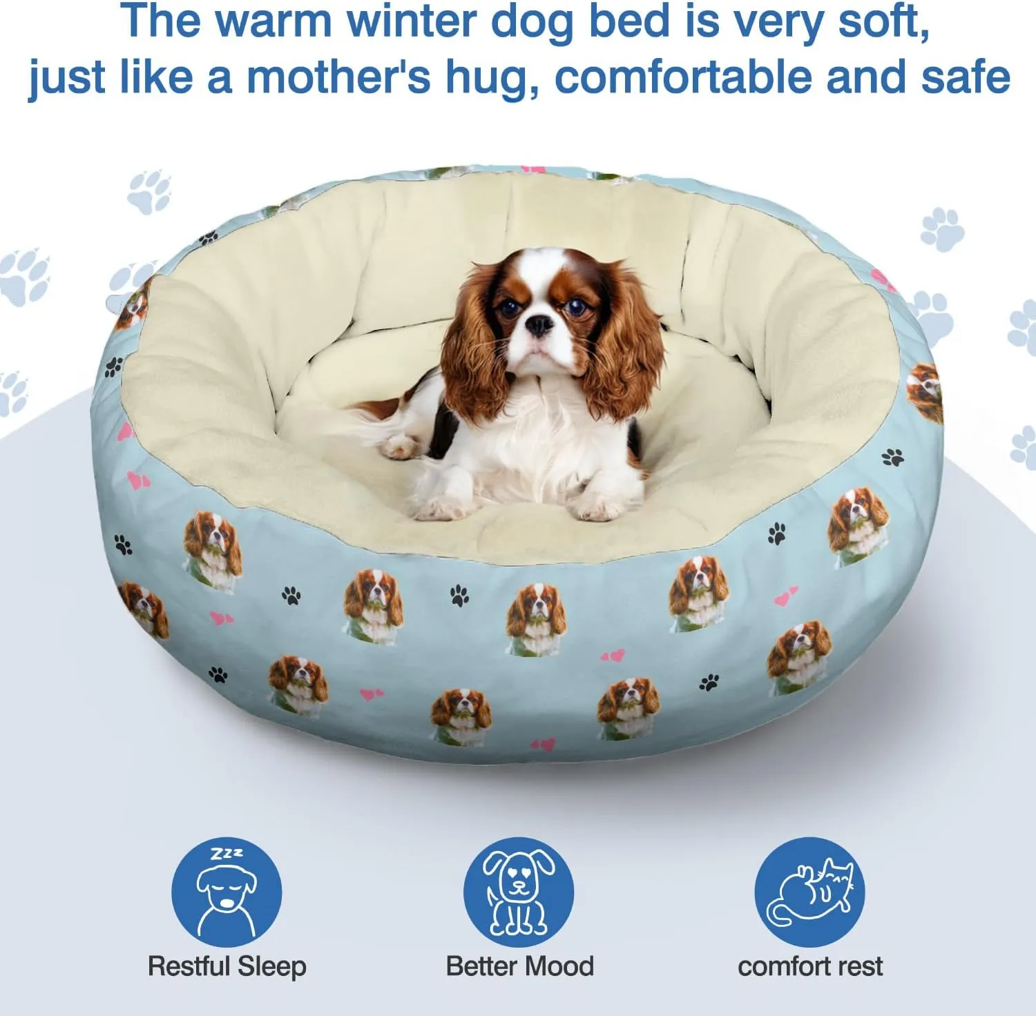 King Charles Cavalier Calming Round Bed Washable Dog Bed Donut Indoor (King Charles Cavalier, 30" L x 30" W x 8" Th)