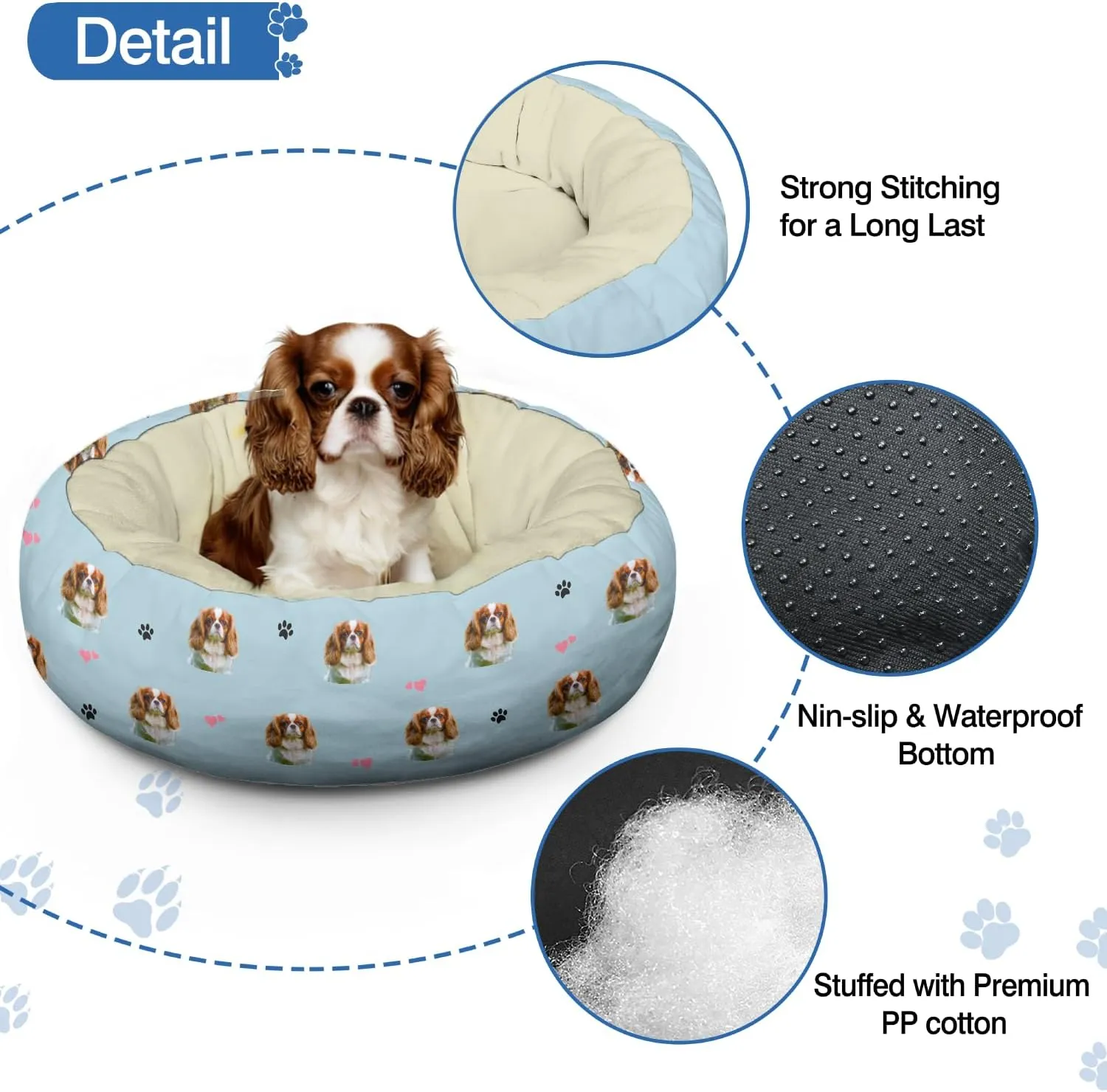 King Charles Cavalier Calming Round Bed Washable Dog Bed Donut Indoor (King Charles Cavalier, 30" L x 30" W x 8" Th)