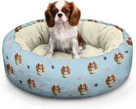 King Charles Cavalier Calming Round Bed Washable Dog Bed Donut Indoor (King Charles Cavalier, 30" L x 30" W x 8" Th)