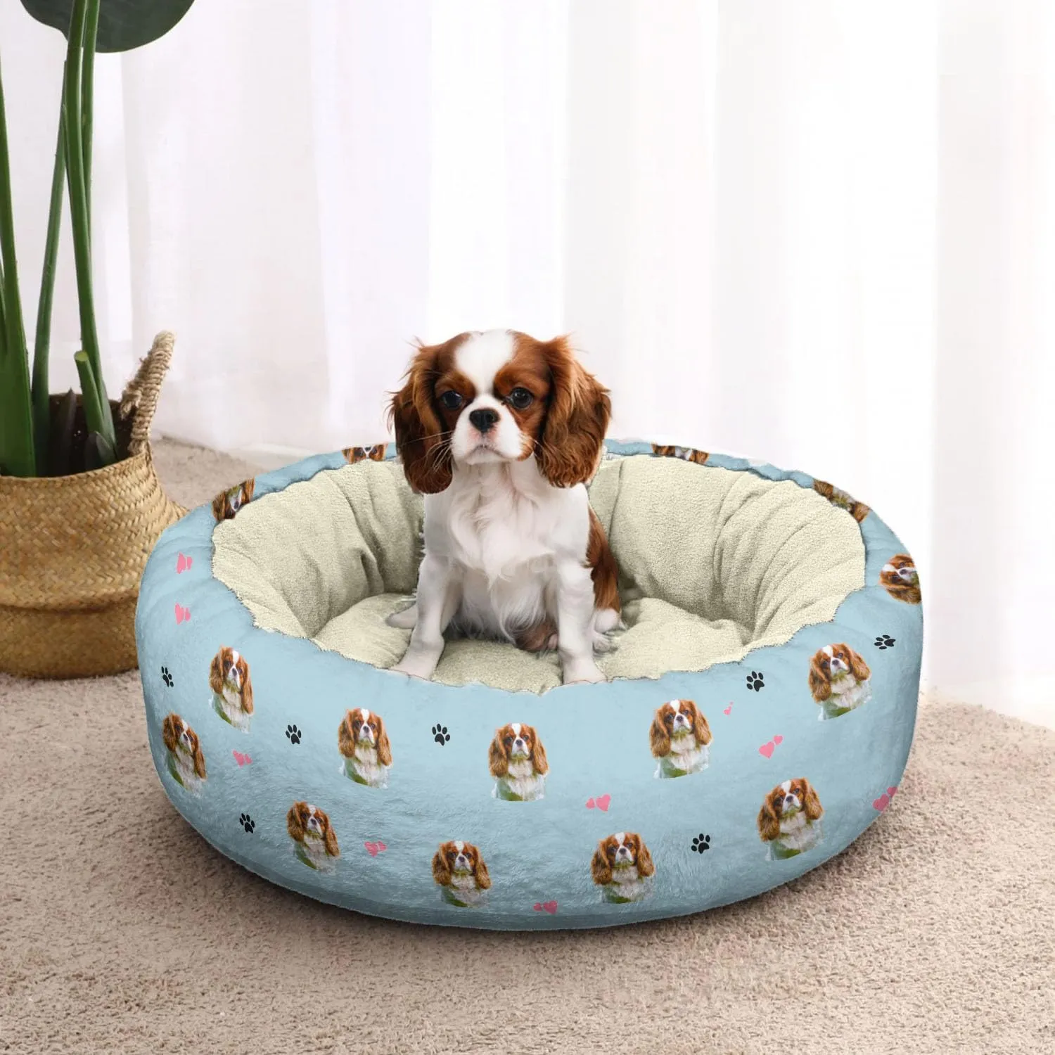 King Charles Cavalier Calming Round Bed Washable Dog Bed Donut Indoor (King Charles Cavalier, 30" L x 30" W x 8" Th)