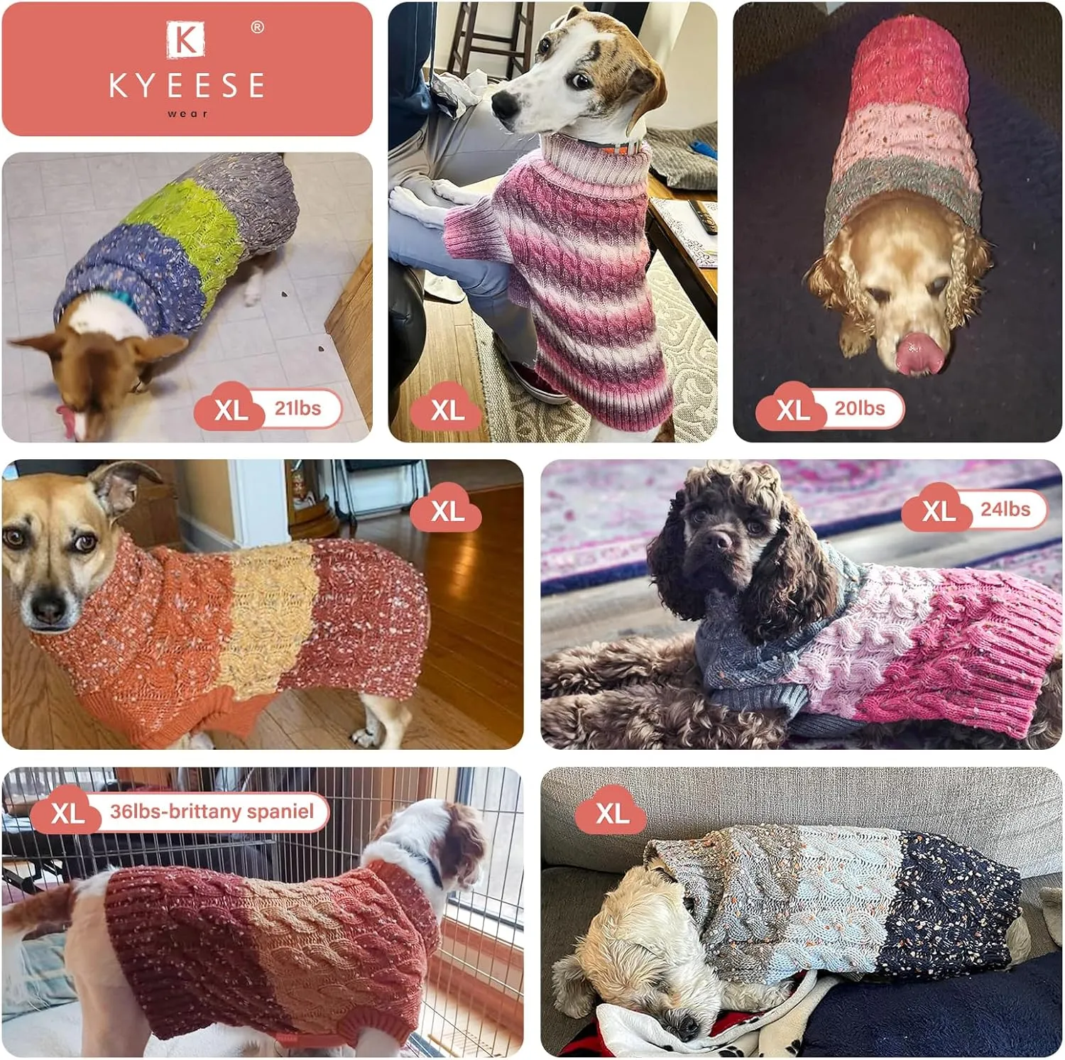 KYEESE Dog Sweater Color Block with Fuzzy Thread Knitted Turtleneck Dog Knitwear with dots in a Variety of Colors for Medium Dogs Fall Winter Dog Clothes, Navyblue, XL