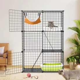 Large 3-Tier Cat Cage & Enclosure - Detachable Indoor Cat Playpen with 3 Doors & 2 Ramps, Metal Wire Cat Crate House Box for 1-2 Cats, Ferrets, Small Pets, 28.2" L x 14.0" W x 42.1" H, Black